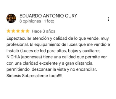 Five-star review from Eduardo Antonio Cury praising spectacular service and quality LED lighting equipment from 3 years ago