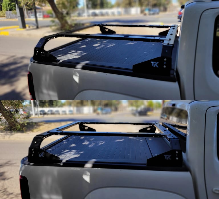 Black truck bed rack with tonneau cover shown in open and closed positions on a silver pickup truck bed