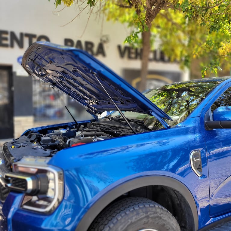 Blue pickup truck with open hood displaying engine, parked under tree branches with blurred storefront in background
