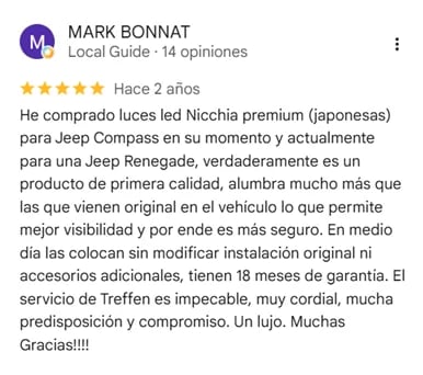 5-star review from Mark Bonnat, Local Guide, about Nichia premium headlights for Jeep vehicles with 18-month warranty
