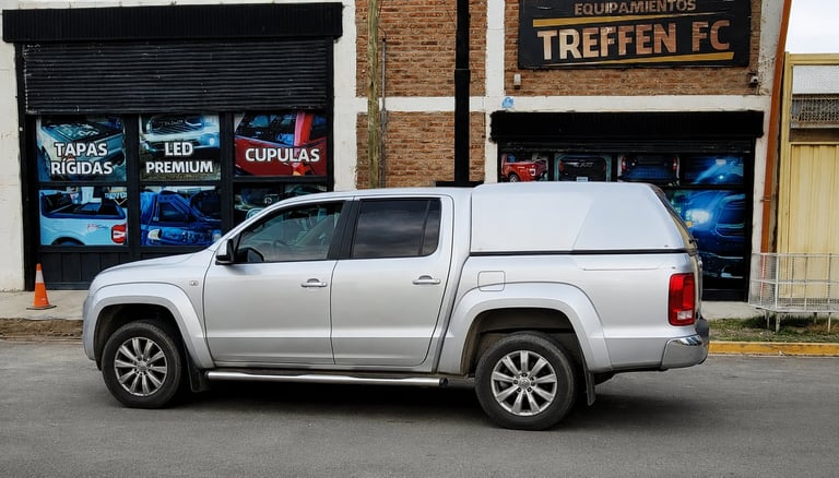White pickup truck parked on street in front of storefront with Treffen FC sign