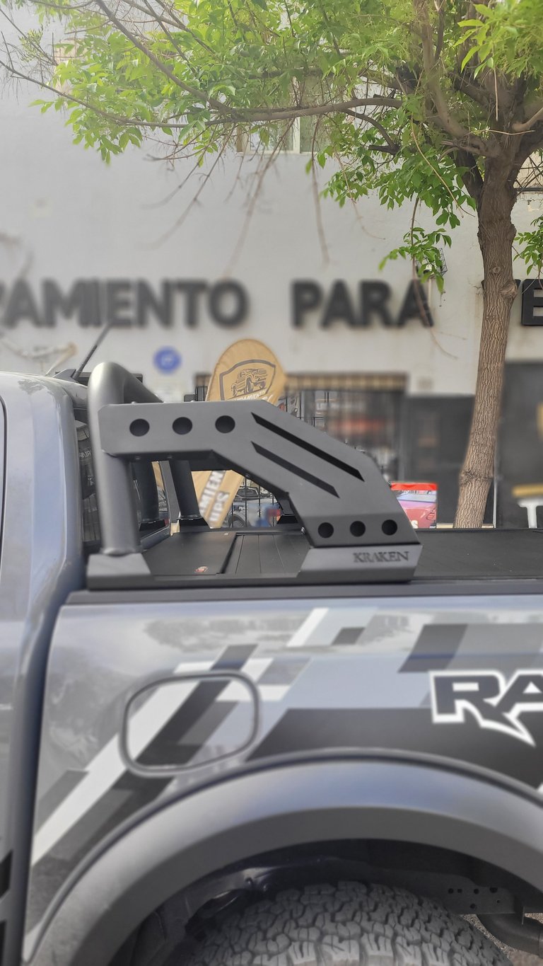 Black roof rack with mounting hardware on pickup truck bed, parked near storefront with green tree overhead
