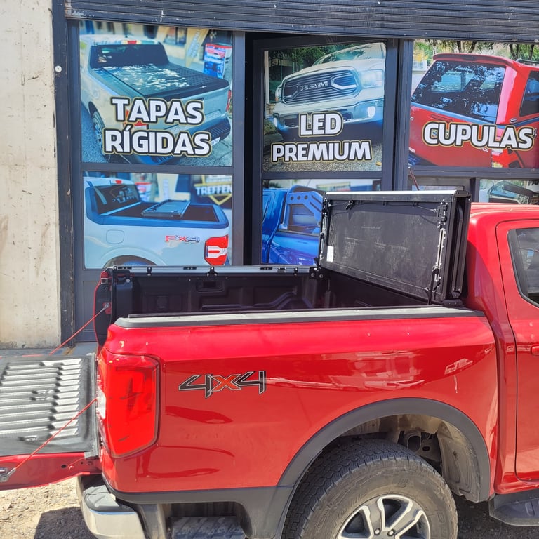 Red pickup truck parked in front of auto parts store with signage for rigid covers, LED premium, and cupolas